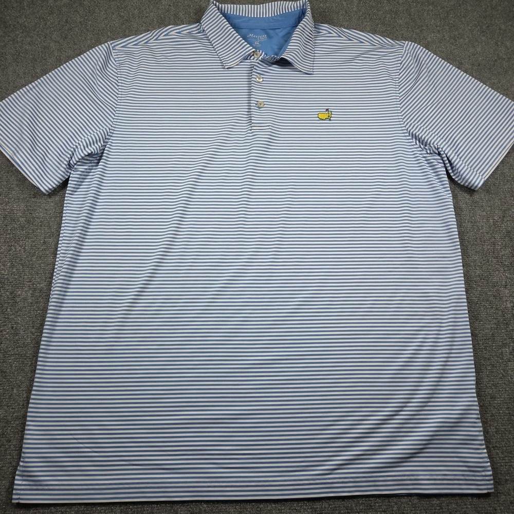 Masters Tech Shirt Men 2XL White Blue Striped Polo Logo Stretch Performance Golf